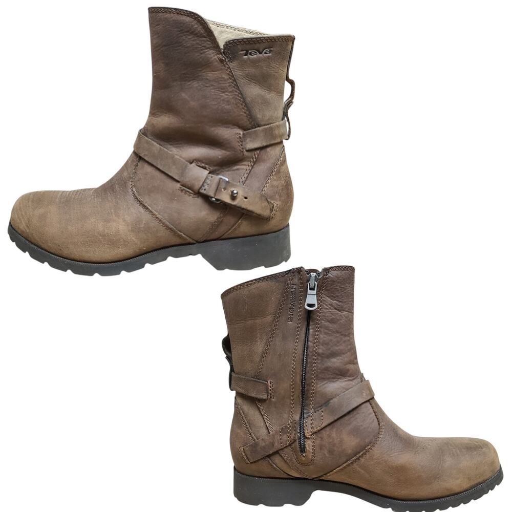 Teva Brown Leather De La Vina Ankle Boots Side Zip Strap Buckle Women's 6